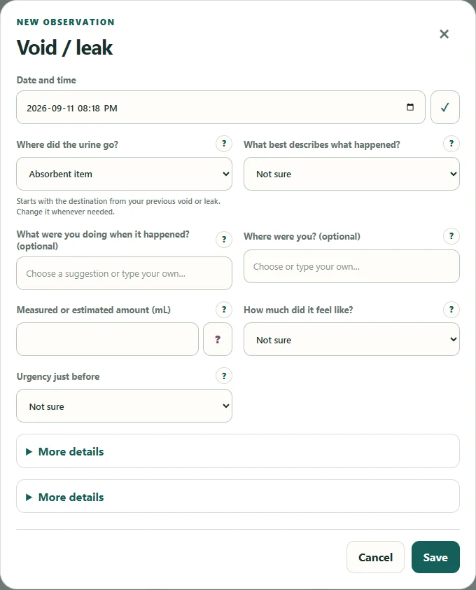 Void and leak entry form with volume, destination, and urgency.